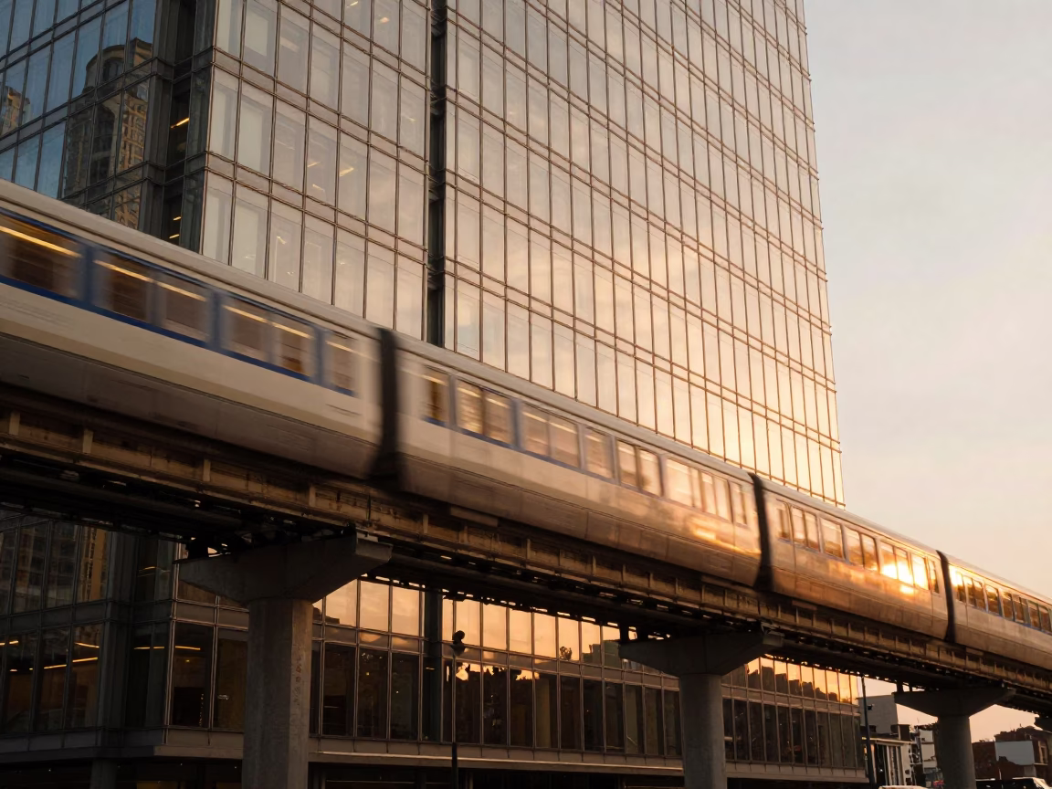 Milan Monorail Reflection at Honeyed Evening Light in in Milan, Italy