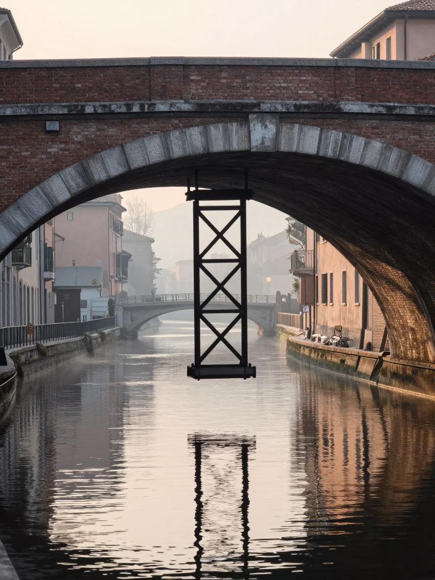 Milan Morning Light on Navigli Canal Bridge Maintenance Cradle and River Water in in Milan, Italy