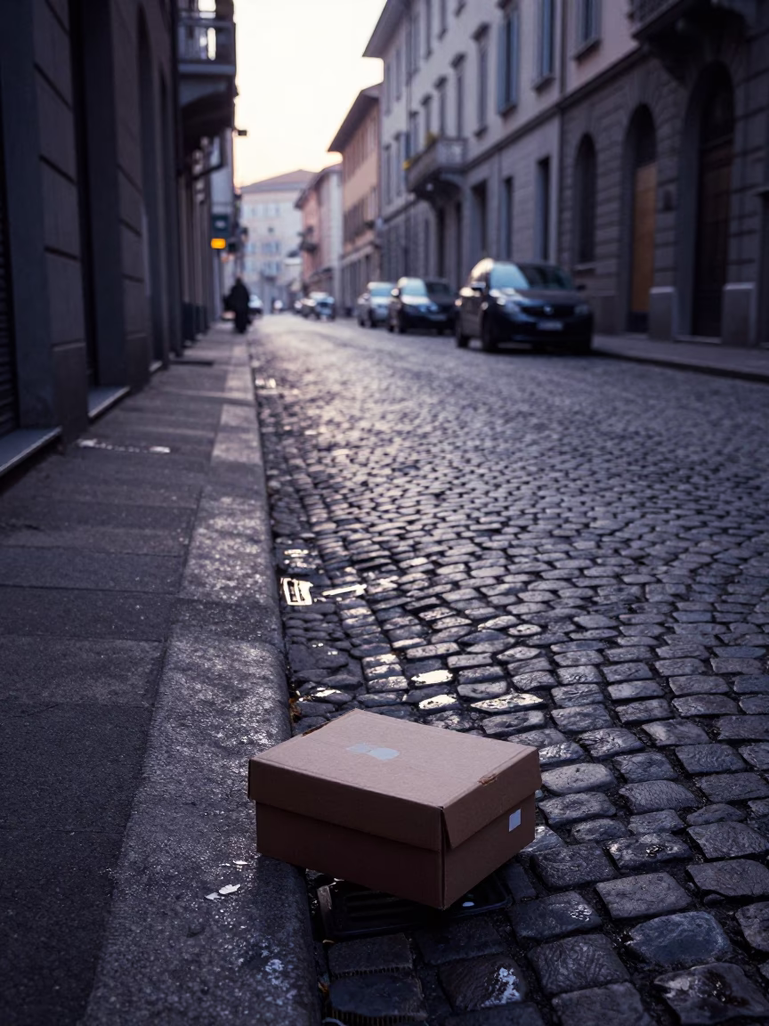 Milan Morning Street Scene with Grease Sheen and Coffee Mug Before Sunrise in in Milan, Italy