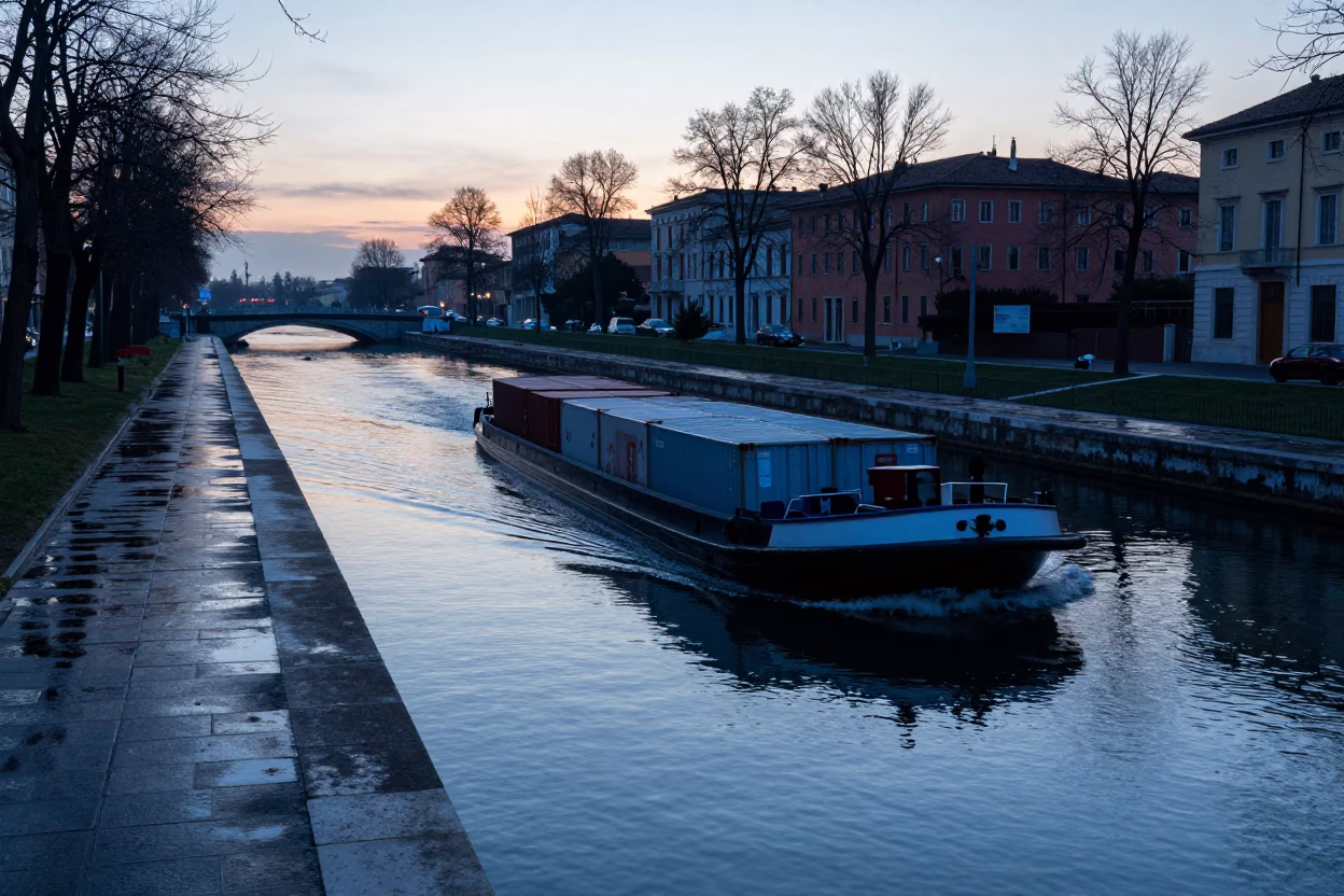 Milan Nautical Dawn Canal Barge Cargo Water Reflections in in Milan, Italy