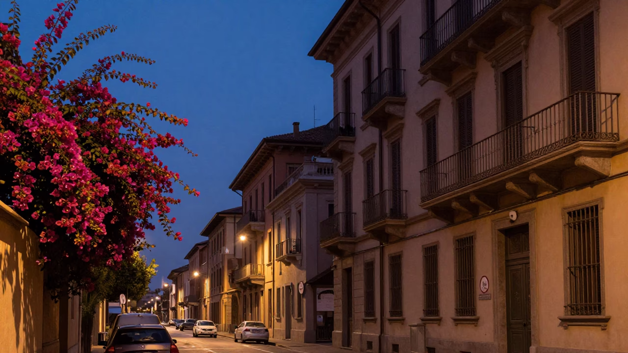 Milan Nautical Dawn Street Scene with Bougainvillea and Local Life in in Milan, Italy