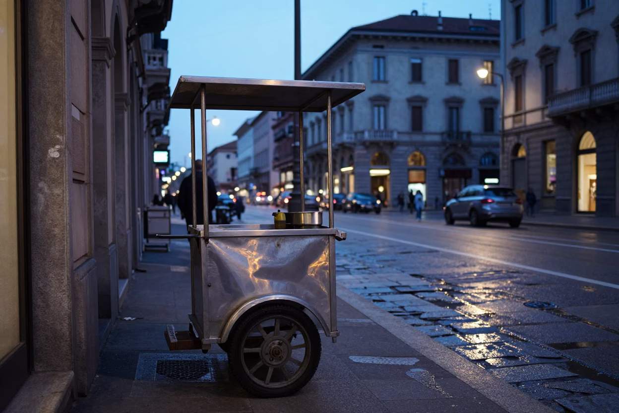 Milan Nautical Dawn Street Scene with Grease Sheen and Clay Pot Rice Vendor in in Milan, Italy