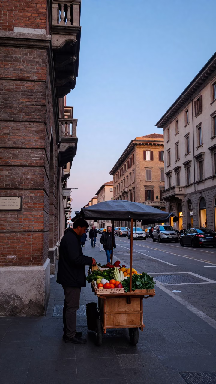 Milan Nautical Dawn Street Scene with Ink Bottle and Vase in Busy Urban Morning in in Milan, Italy