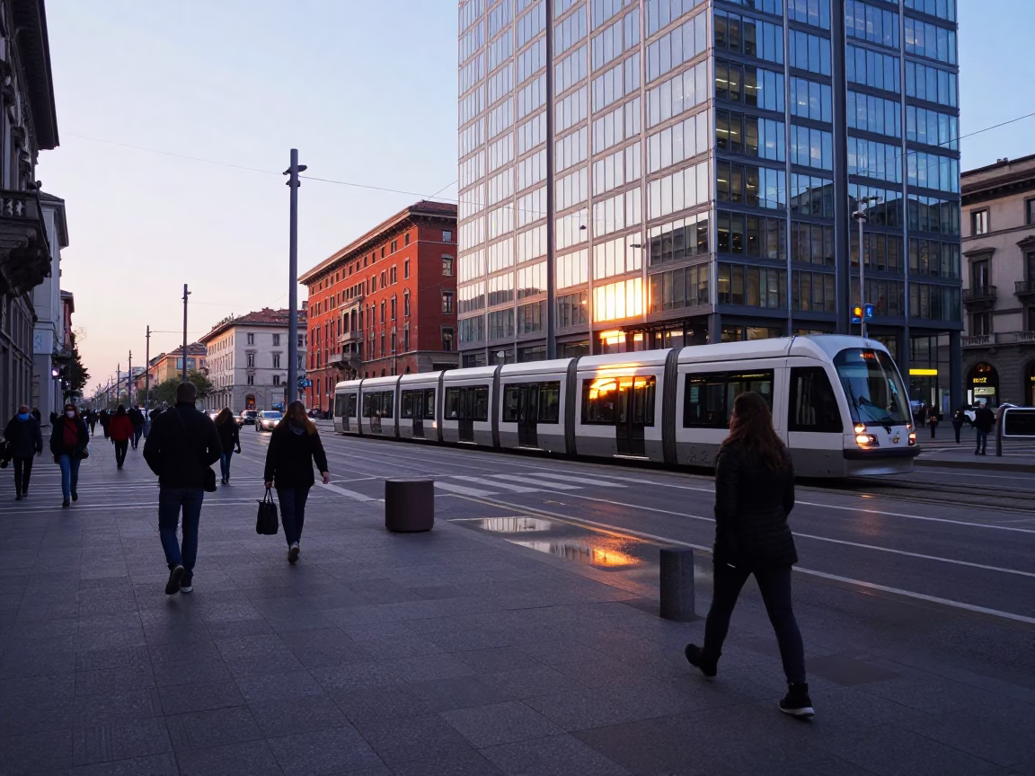 Milan Nautical Dawn Street Scene with Monorail Reflection in Glass Skyscraper in in Milan, Italy
