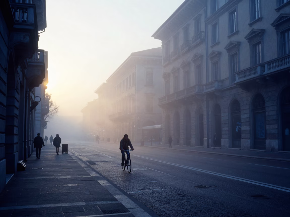 Milan Nautical Dawn Street Scene with Steam Haze and Urban Architecture in in Milan, Italy