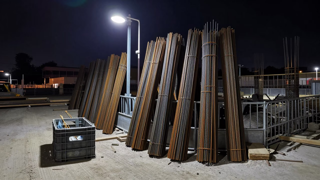 Milan Night Construction Site with Crate and Rebar Bundles in in Milan, Italy