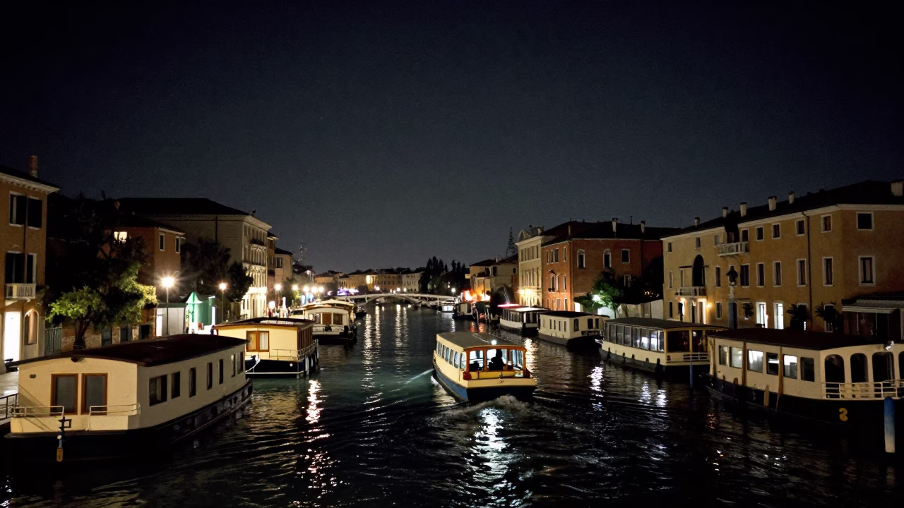 Milan Night Sky and Canal Life with Water Taxis and Houseboats in in Milan, Italy