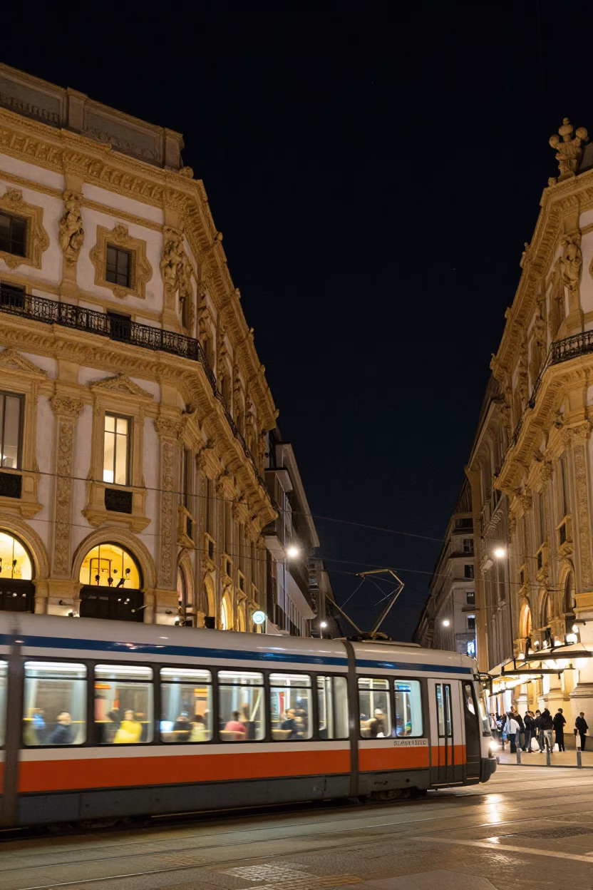 Milan Night Sky Tram Passes Art Nouveau Facades Under Deepest Darkness in in Milan, Italy