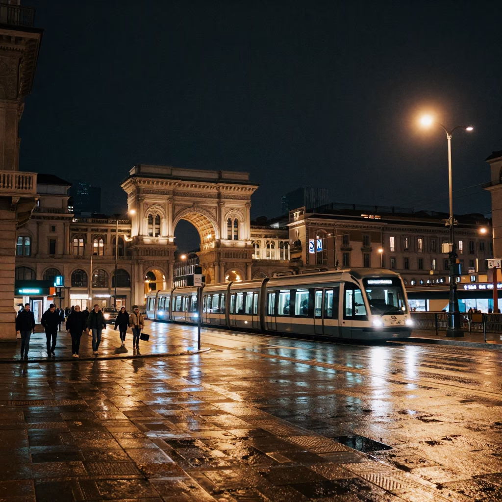 Milan Night Street Scene with Monorail Over River and Urban Reflections in in Milan, Italy