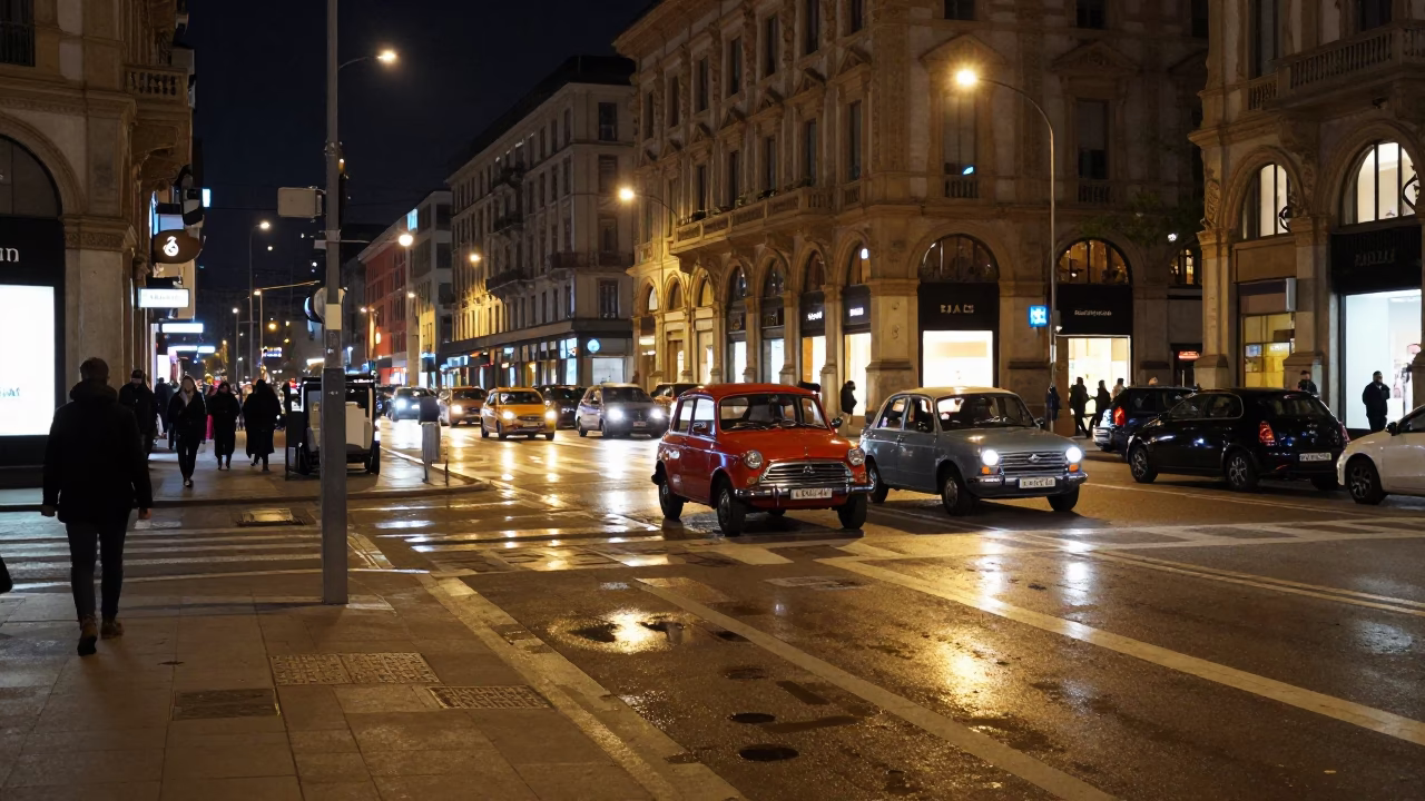 Milan Night Street Scene with Neon Reflections and Urban Activity in in Milan, Italy