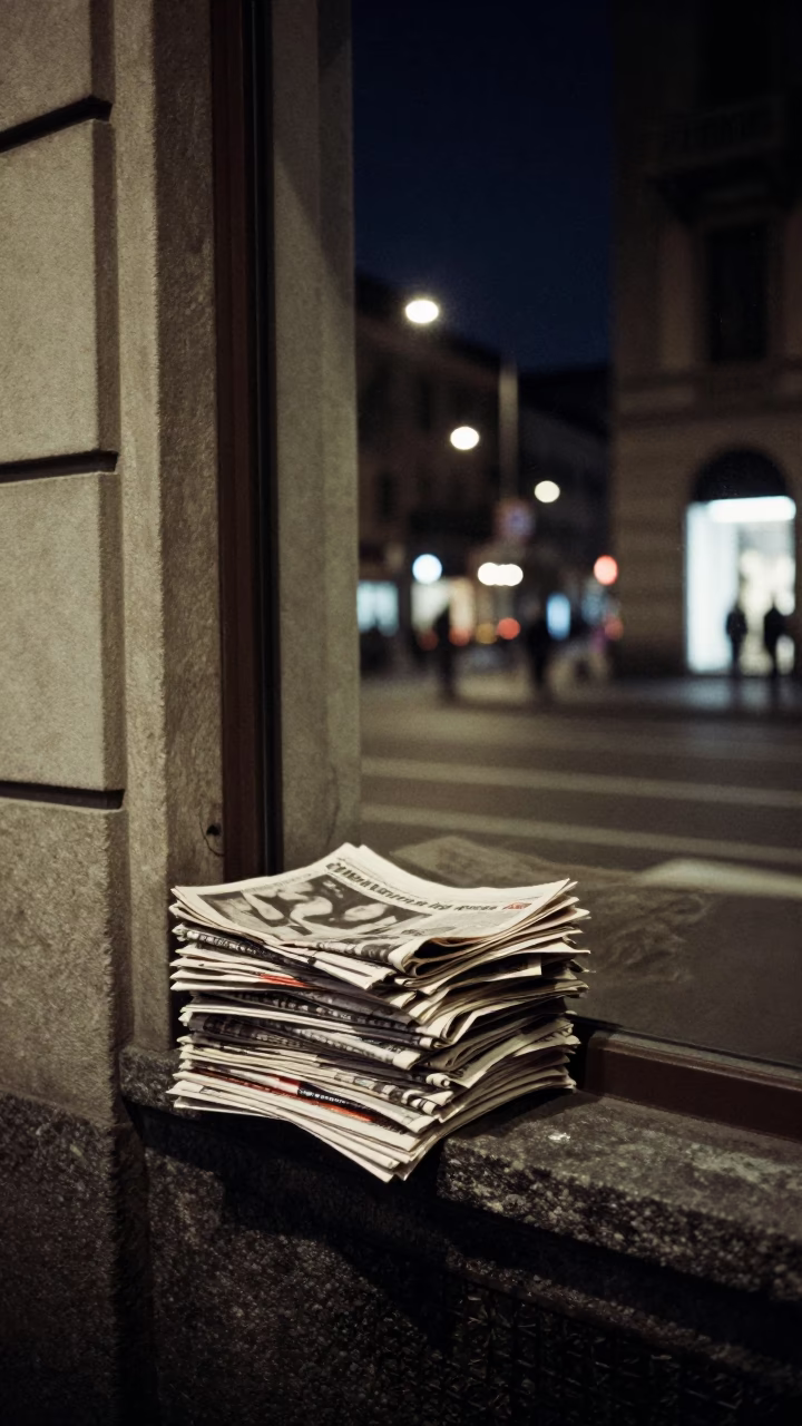 Milan Night Street Scene with Newspaper Stack and Window Box Under Deep Night Sky in in Milan, Italy