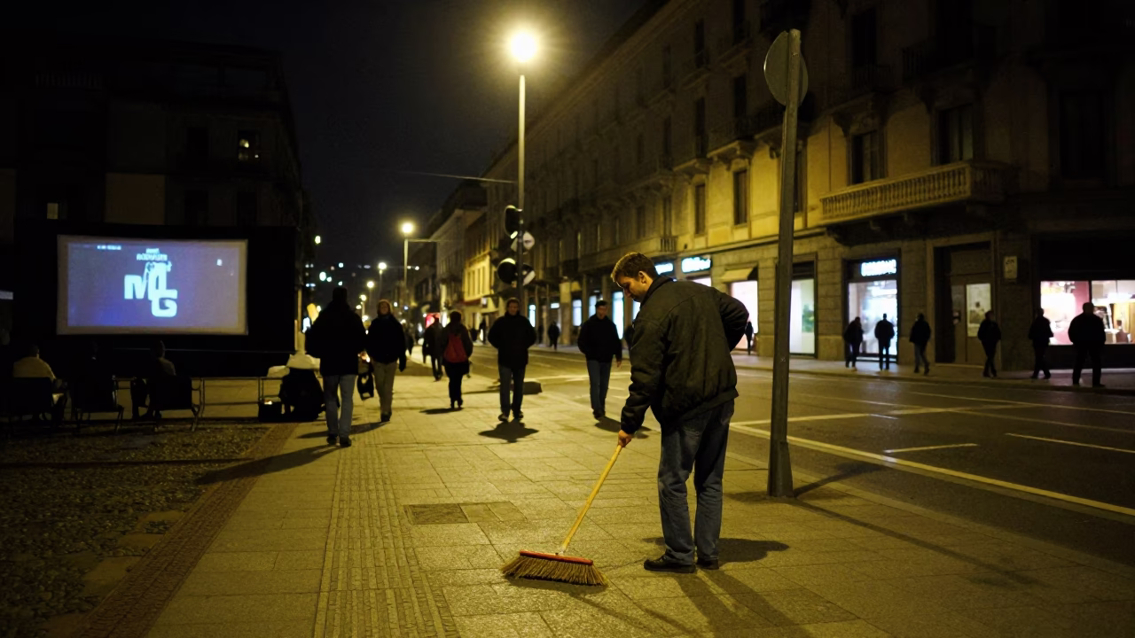 Milan Night Street Scene with Outdoor Cinema and Local Life in in Milan, Italy