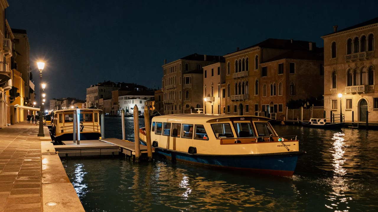 Milan Night Street Scene with Water Taxi Dock and Urban Ambiance in in Milan, Italy