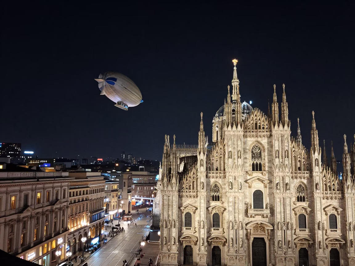 Milan Night Street Scene with Zeppelin Airship Over Duomo Skyline in in Milan, Italy