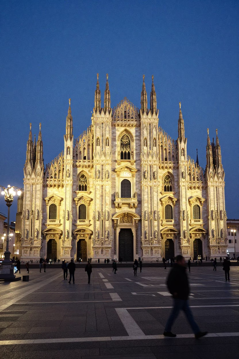 Milan Piazza del Duomo at Twilight with Gothic Architecture and Evening City Lights in in Milan, Italy