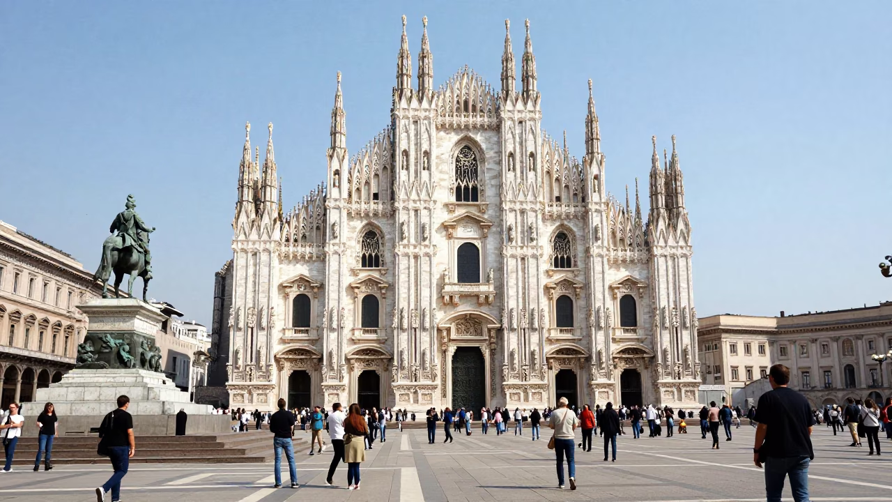 Milan Piazza del Duomo midday bustling crowd historic architecture and street life in in Milan, Italy