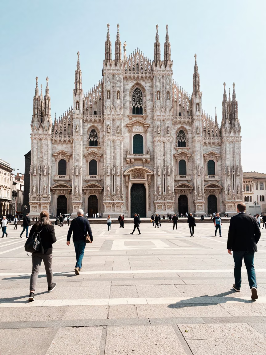 Milan Piazza del Duomo Midmorning Street Scene with Gothic Cathedral and Commuters in in Milan, Italy