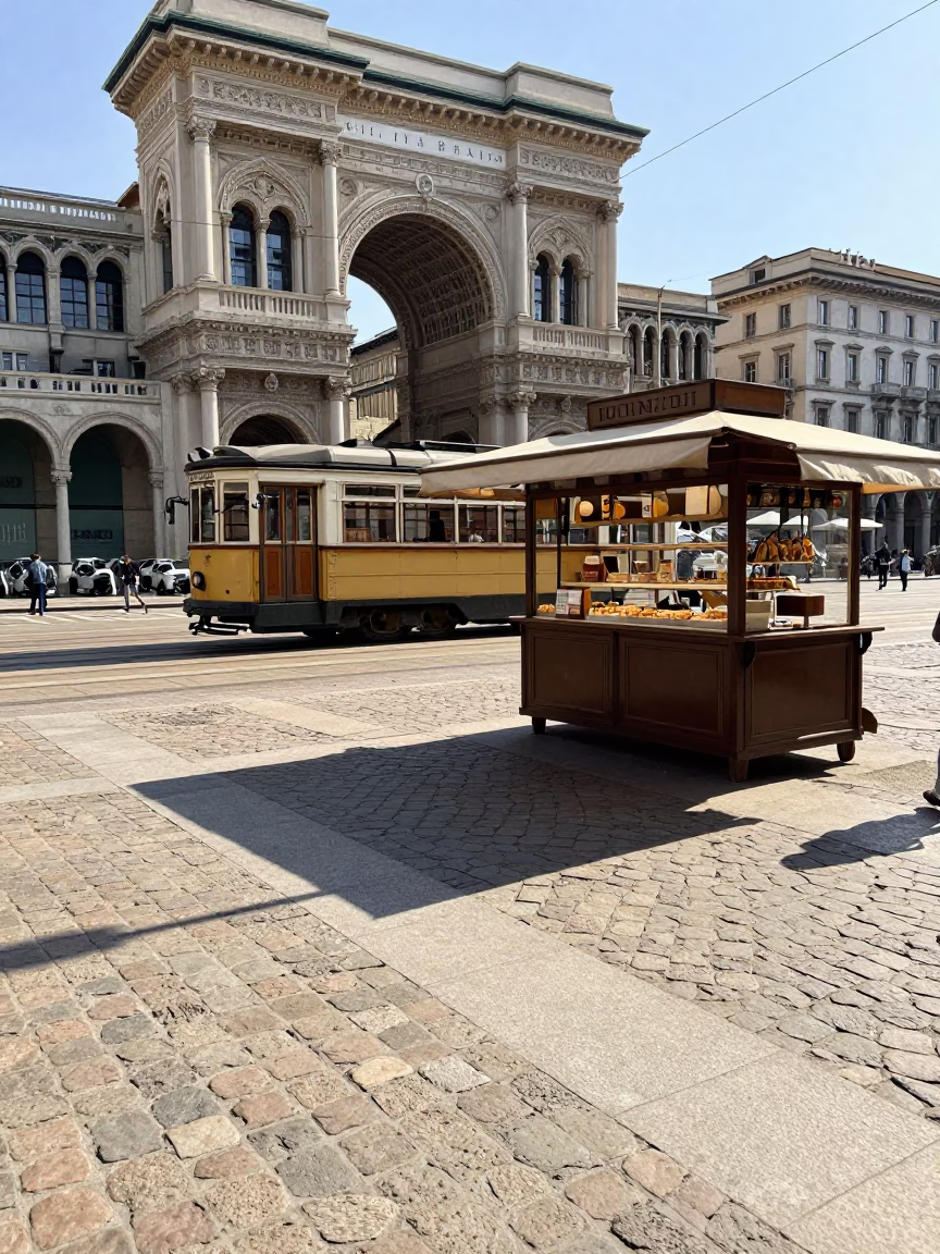 Milan Piazza with Vintage Tram and Traditional Bakery Display in Bright Midmorning Light in in Milan, Italy