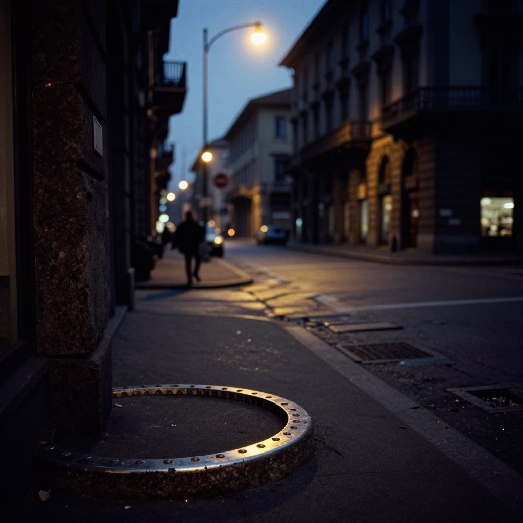 Milan Predawn Street Scene with Dented Metal Rim and Glass Rail in in Milan, Italy