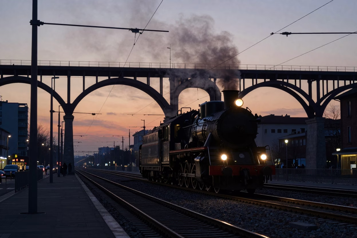 Milan Predawn Street Scene with Steam Locomotive Crossing Railway Viaduct in in Milan, Italy