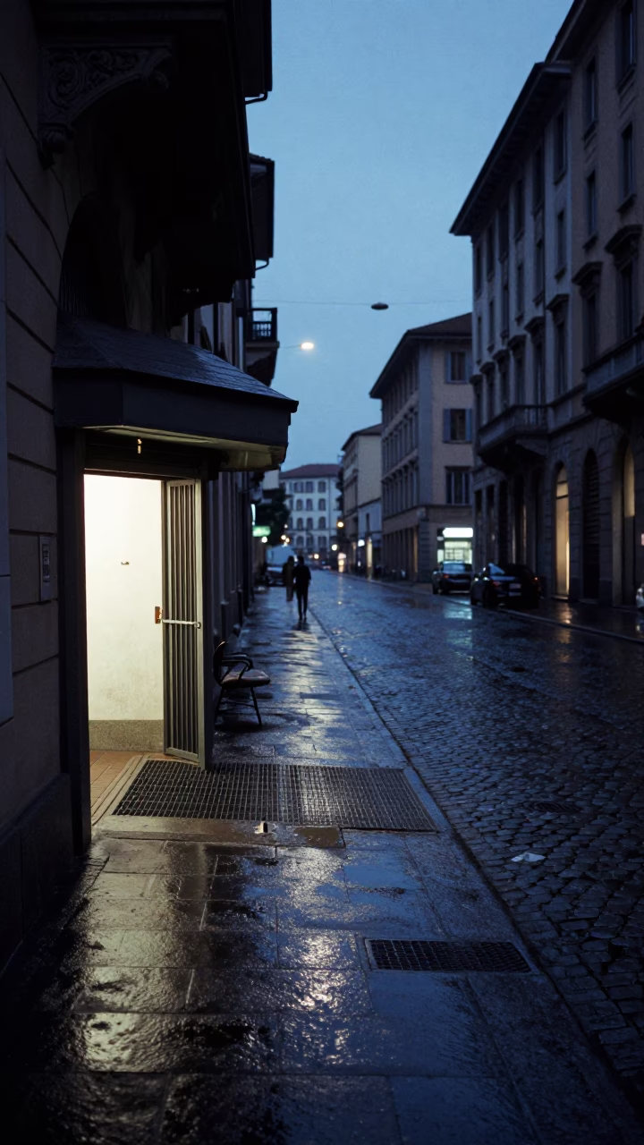 Milan Predawn Street Scene with Wet Cobblestones and Urban Infrastructure in in Milan, Italy