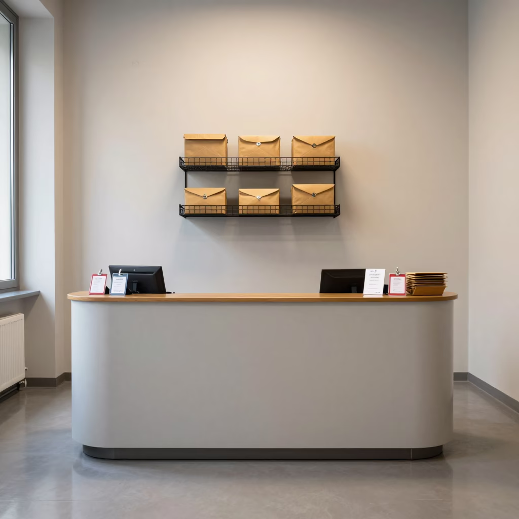 Milan Reception Desk with Badges and Envelopes in inside a conference room in Milan