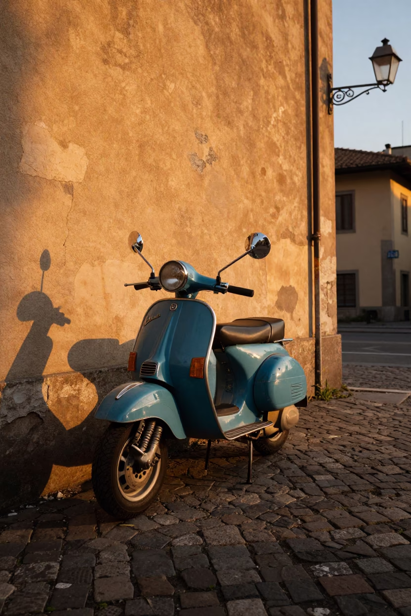 Milan Scooter Parked at Sunset Light in in Milan, Italy
