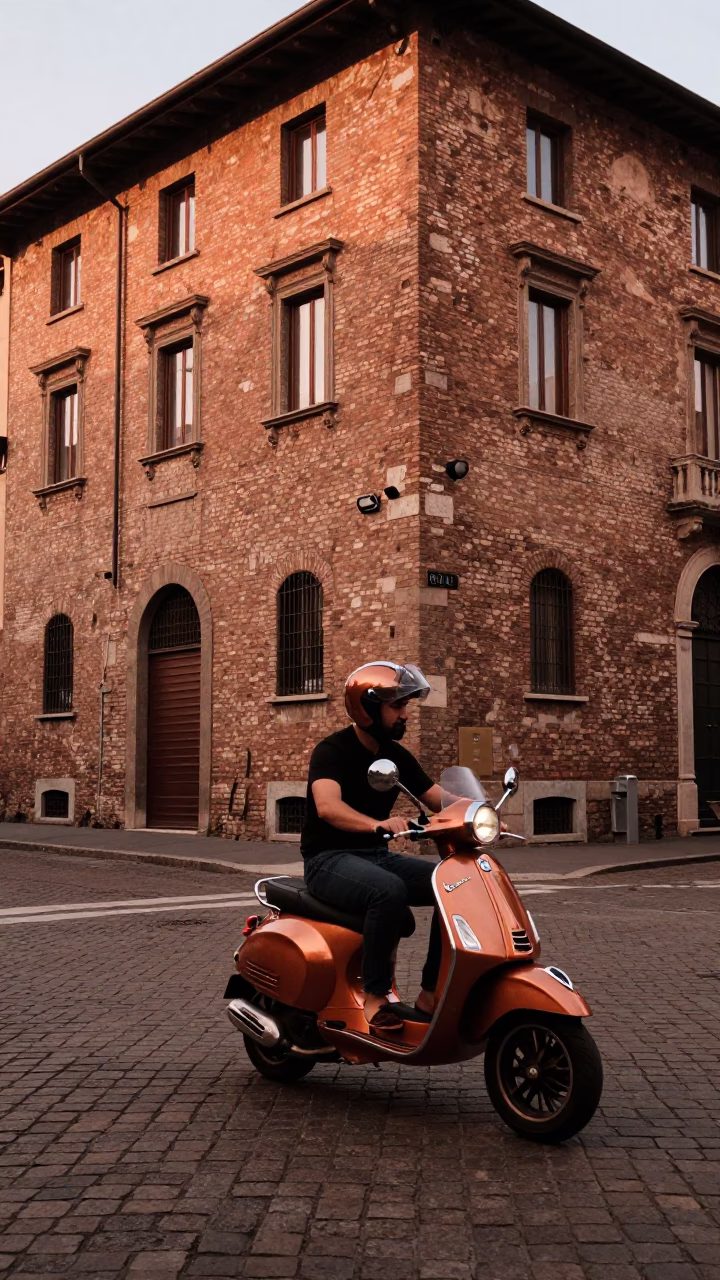 Milan Scooter Rider in Copper Dusk Light Navigating Historic Italian Street in in Milan, Italy
