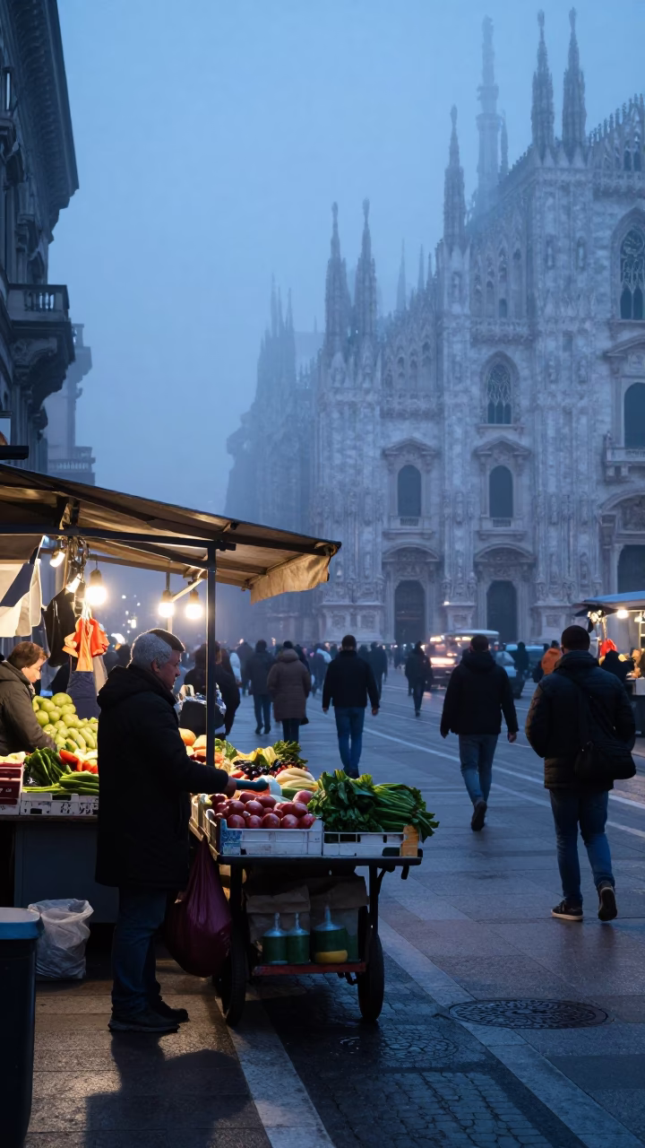 Milan Street Corner at Nautical Dawn Light in in Milan, Italy