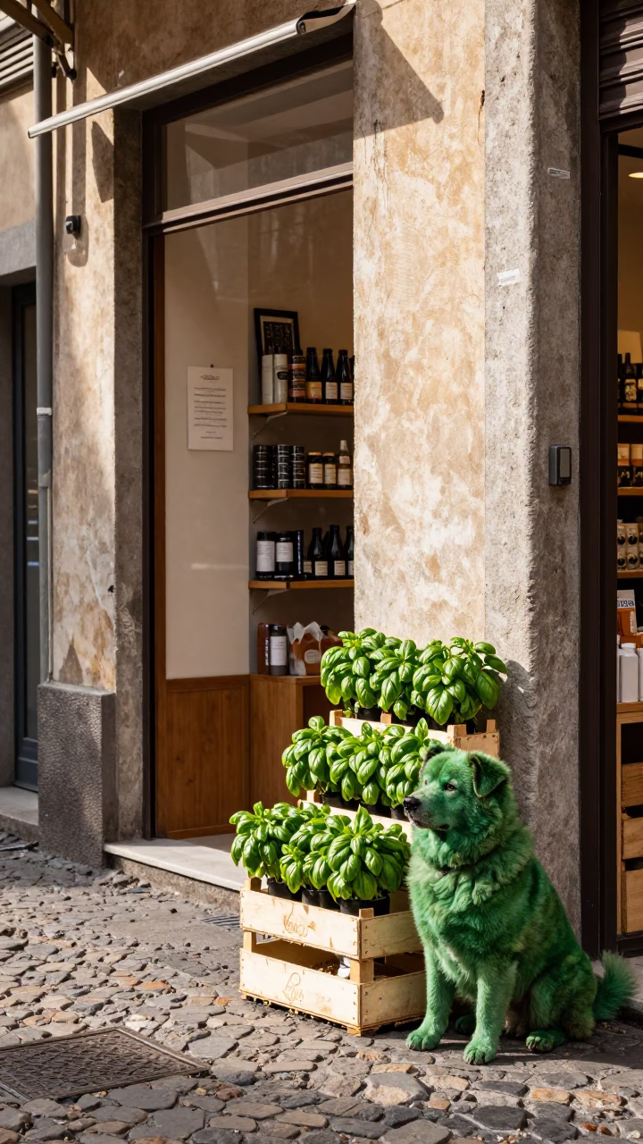Milan Street Corner Shop Display with Green Dog and Wooden Crates in in Milan, Italy