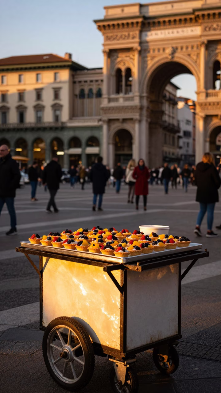 Milan Street Food Vendor at Sunset with Glossy Enamel and Fruit Tarts in in Milan, Italy