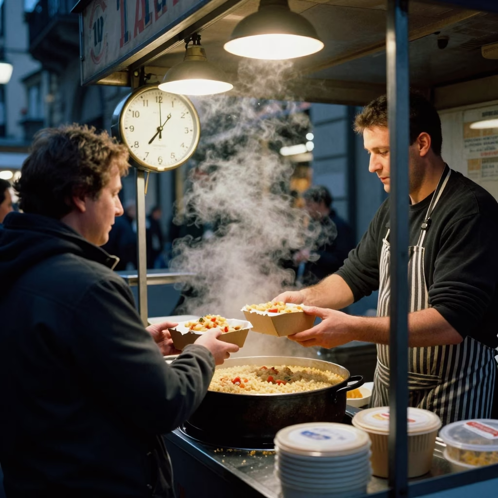 Milan Street Food Vendor Night Stall with Chess Clock and Tea Towel in in Milan, Italy