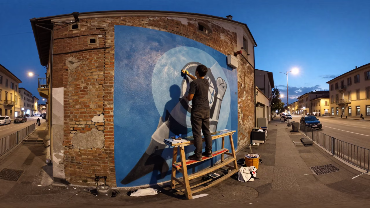 Milan street mural artist painting at dusk with city lights glowing in in Milan, Italy