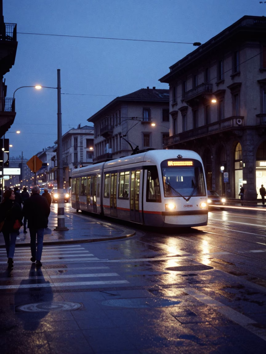 Milan Street Scene at Blue Hour with Monorail and Urban Details in in Milan, Italy