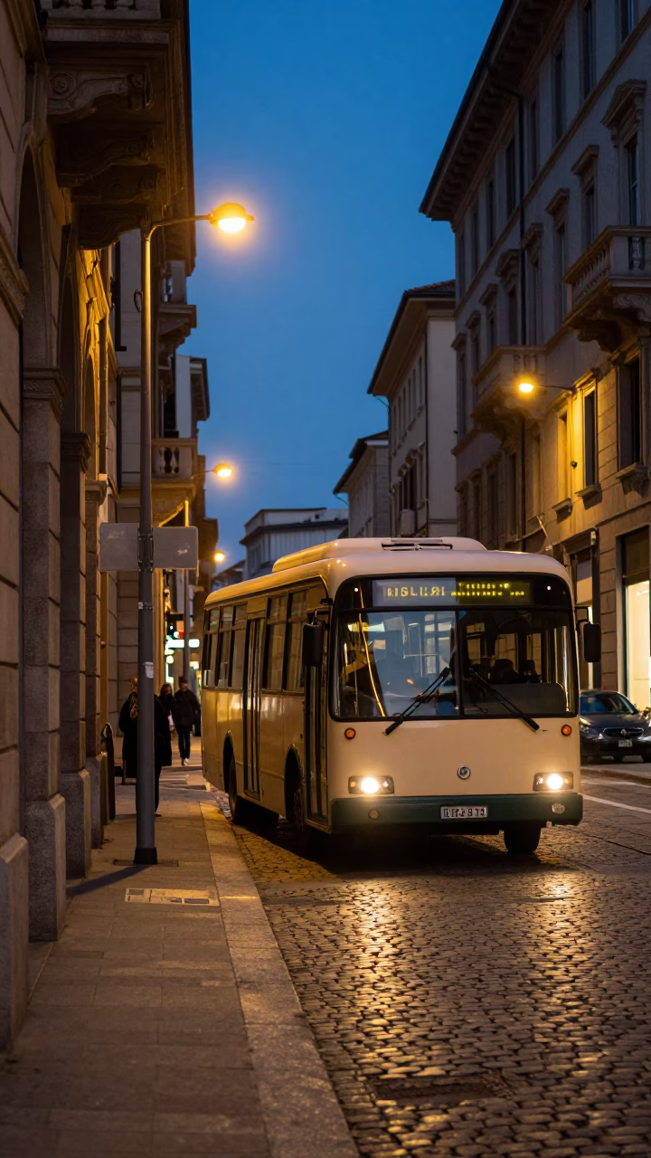 Milan street scene at dusk with classic bus and terracotta bowl in in Milan, Italy