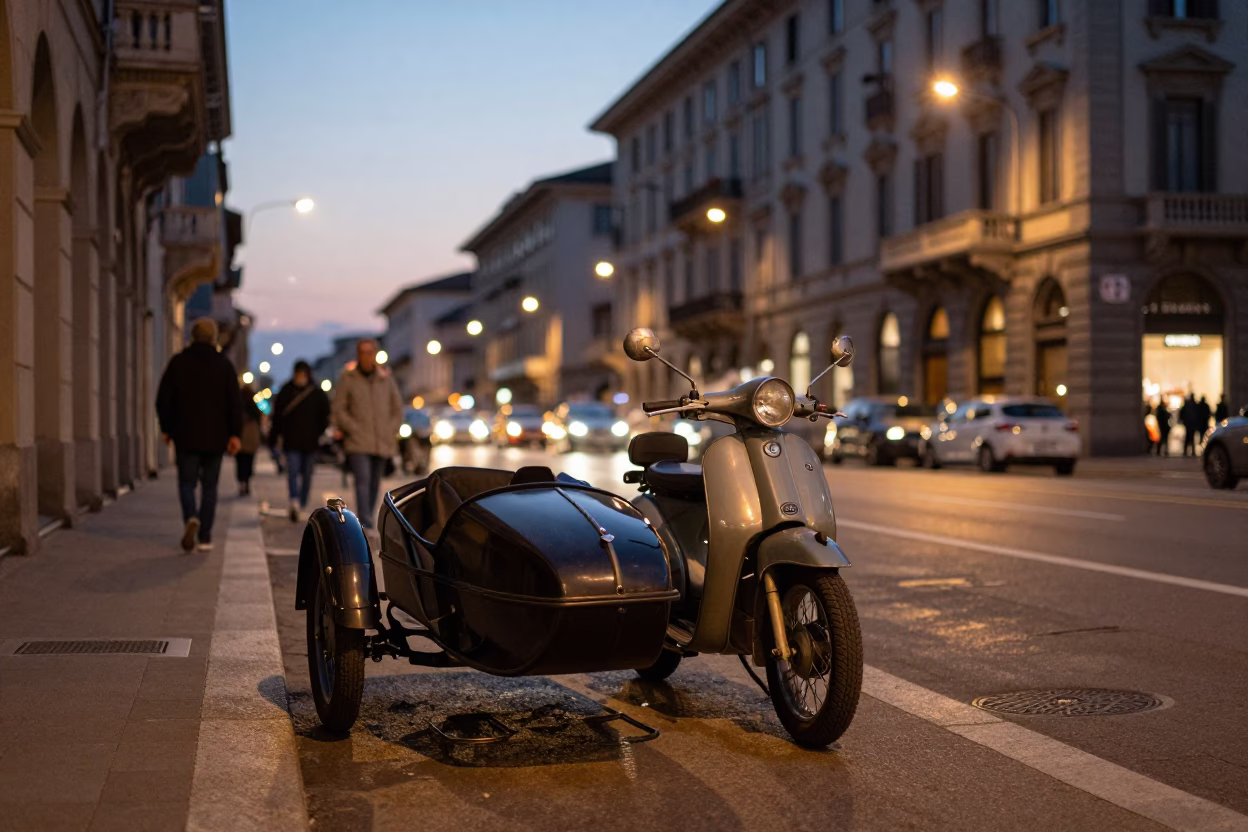 Milan Street Scene at Dusk with Vintage Motorcycle Sidecar and Urban Life in in Milan, Italy