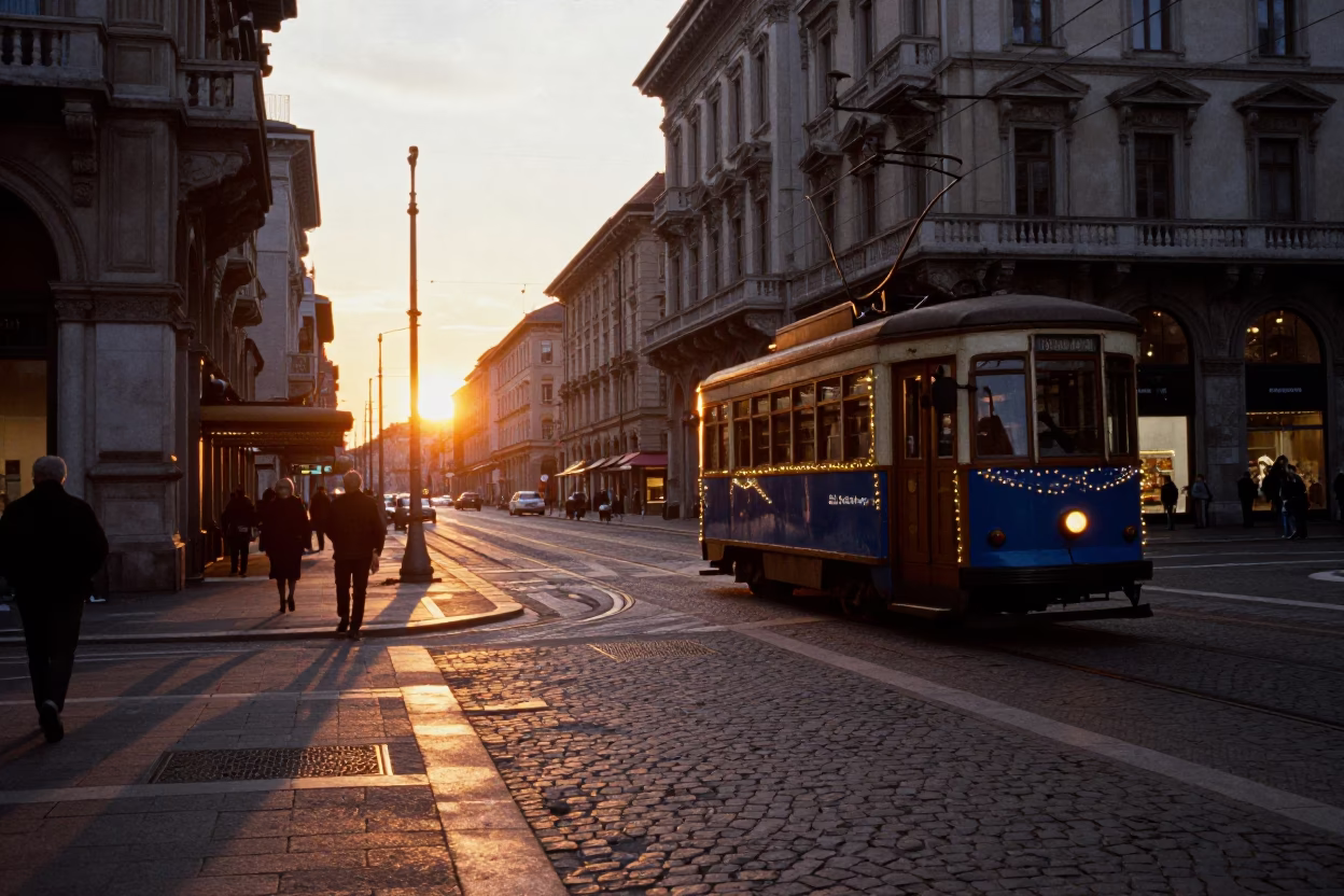 Milan Street Scene at Sunset with Vintage Tram and Fig Tree in in Milan, Italy
