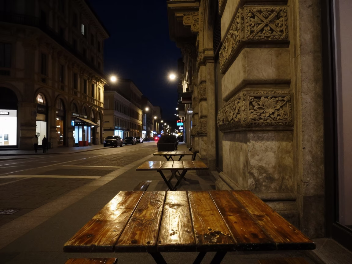 Milan Street Scene at The Deepest Night Sky Light in in Milan, Italy