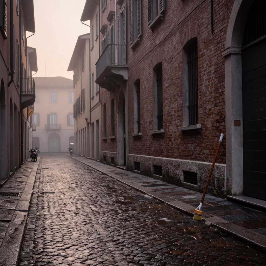 Milan street scene before dawn with shoe brush and terracotta pot on cobblestone in in Milan, Italy
