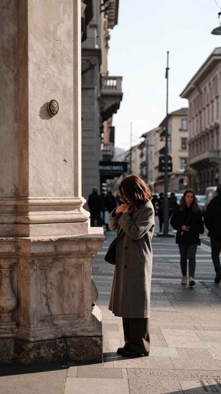 Milan Street Scene Early Afternoon with Brooch and Fingerprints on Rail in in Milan, Italy