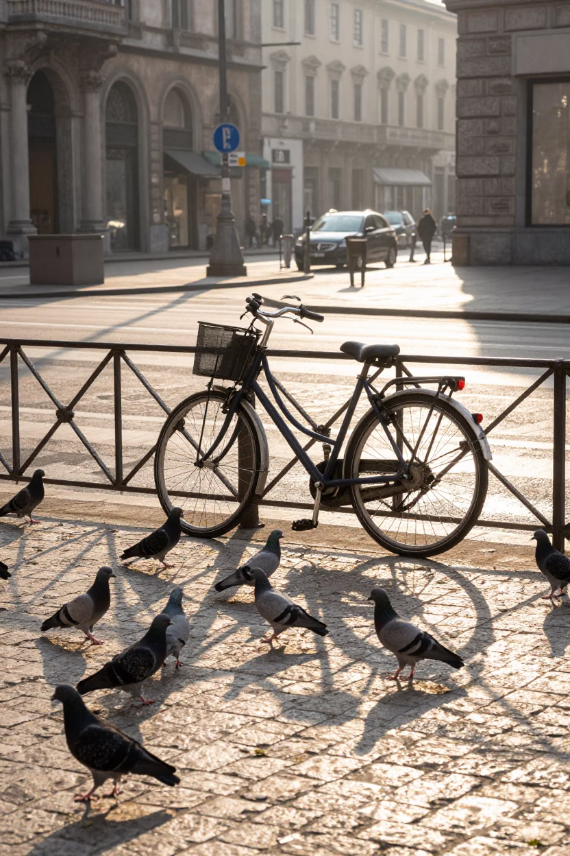 Milan Street Scene with Bicycle and Pigeons at Sunrise in in Milan, Italy