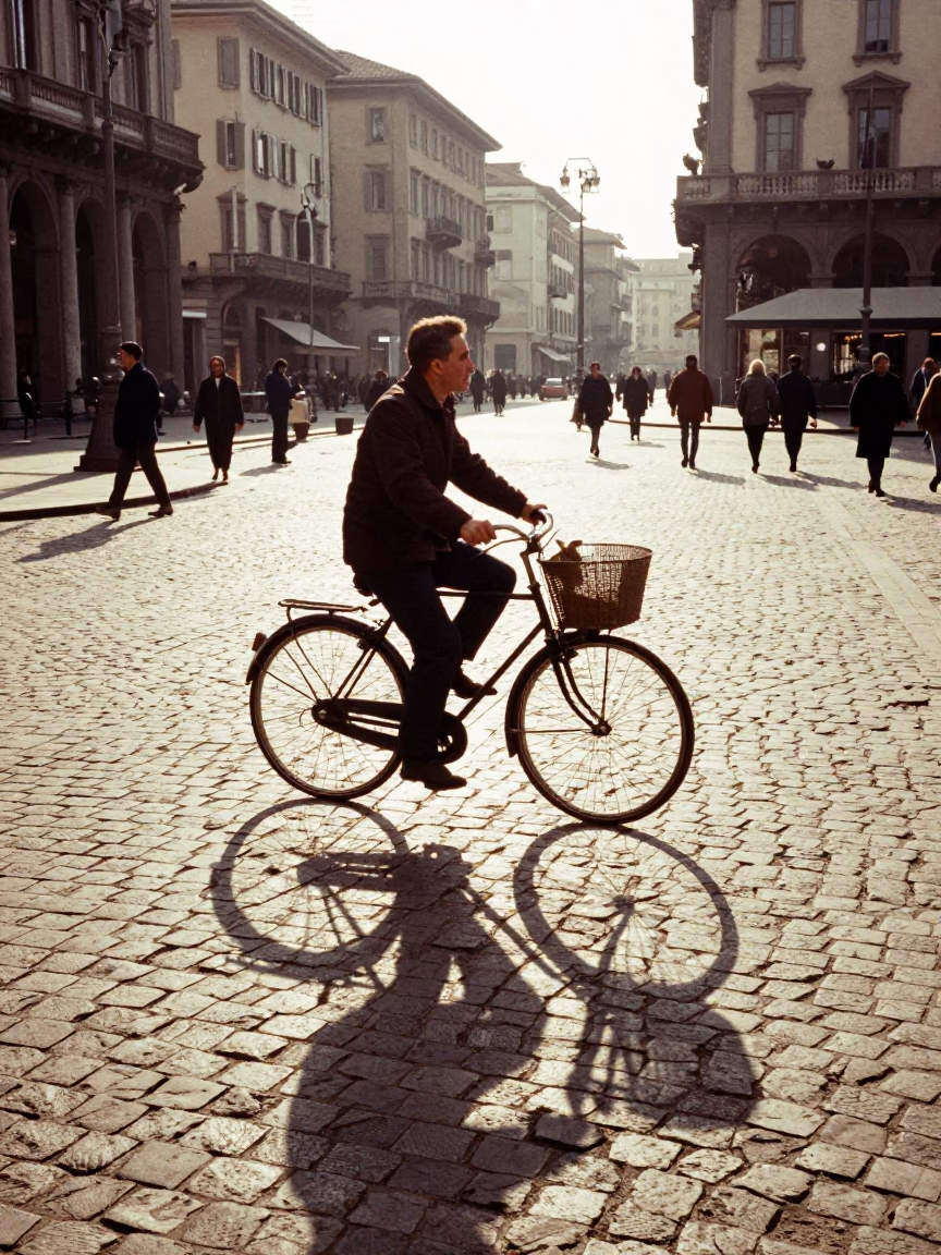 Milan Street Scene With Cyclist Passing Vintage Bicycle Basket in in Milan, Italy