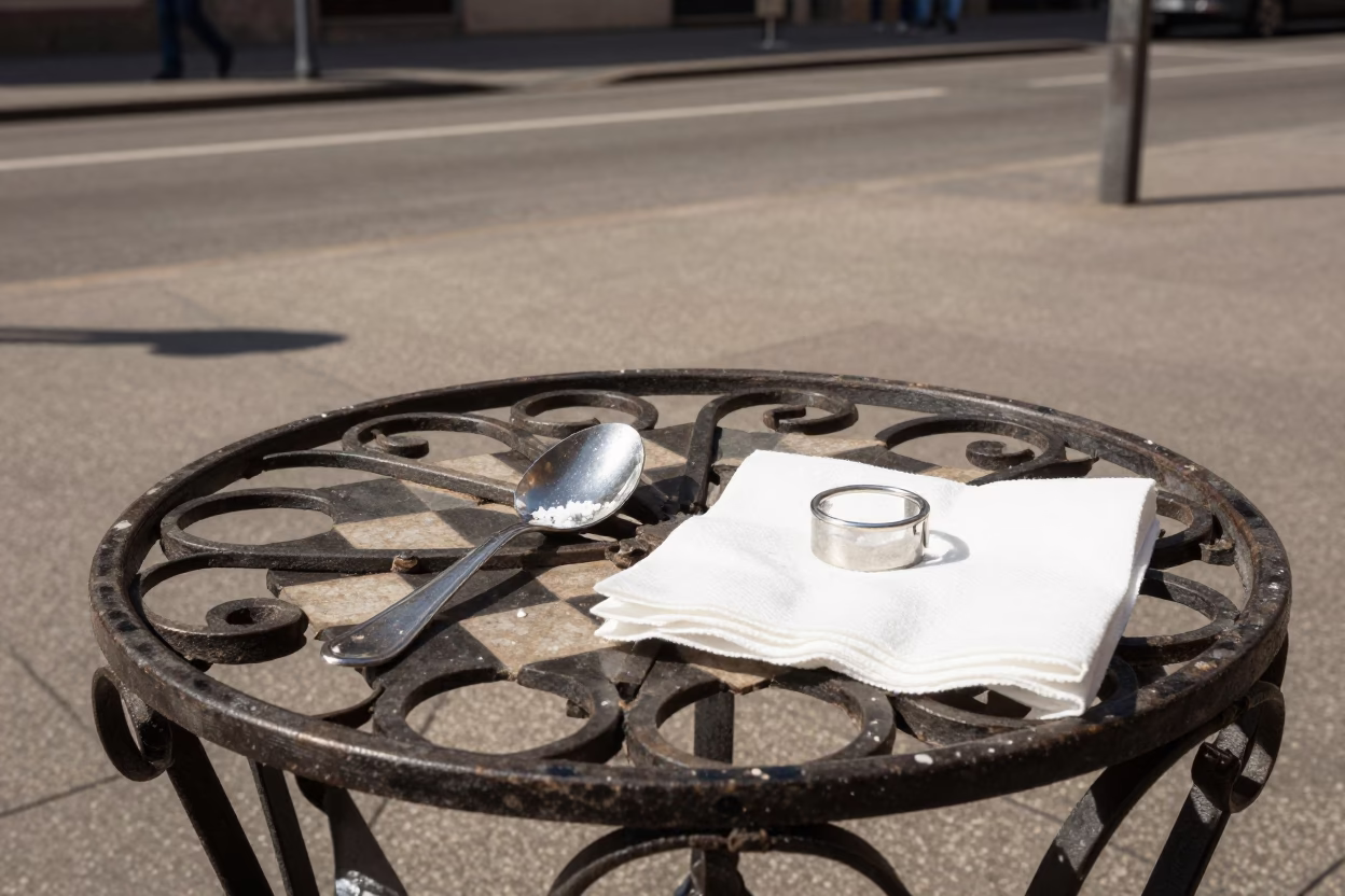 Milan Street Scene with Salt Spoon and Napkin Ring on Cafe Table in in Milan, Italy