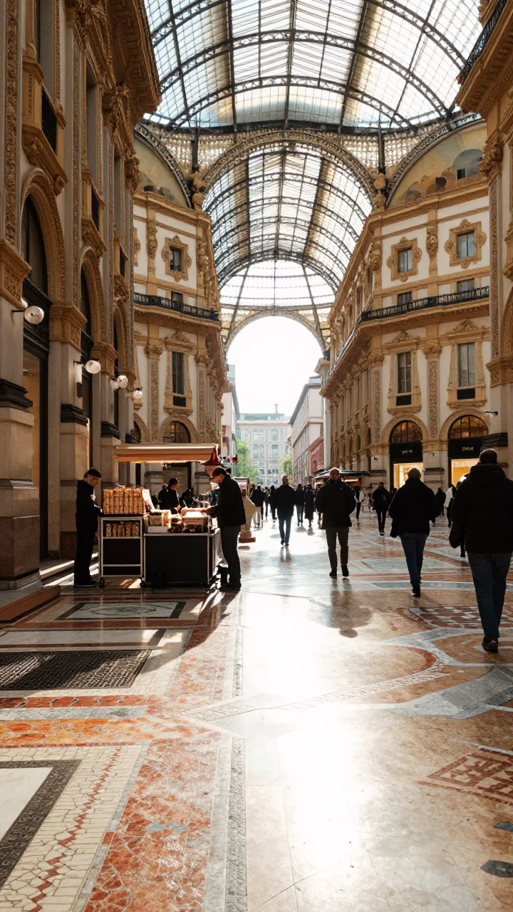 Milan Street Scene with Sunlight and Local Food Culture in in Milan, Italy