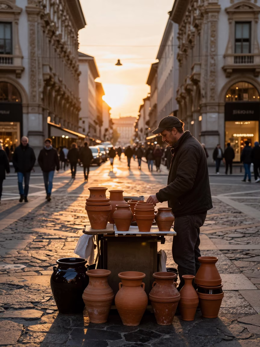 Milan Street Vendor at Sunset with Terracotta Pots and Ceramic Jars in in Milan, Italy