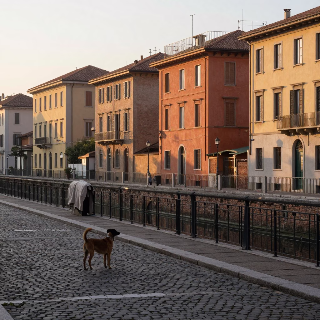 Milan Sunrise Street Scene with Brown Dog and Linen Fringe Detail in in Milan, Italy