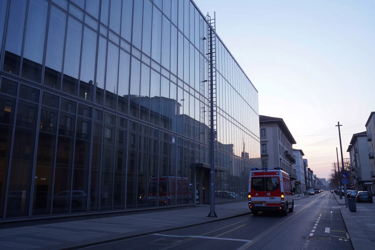 Milan Sunrise Street Scene with Glass Facade and Ladder Truck in in Milan, Italy