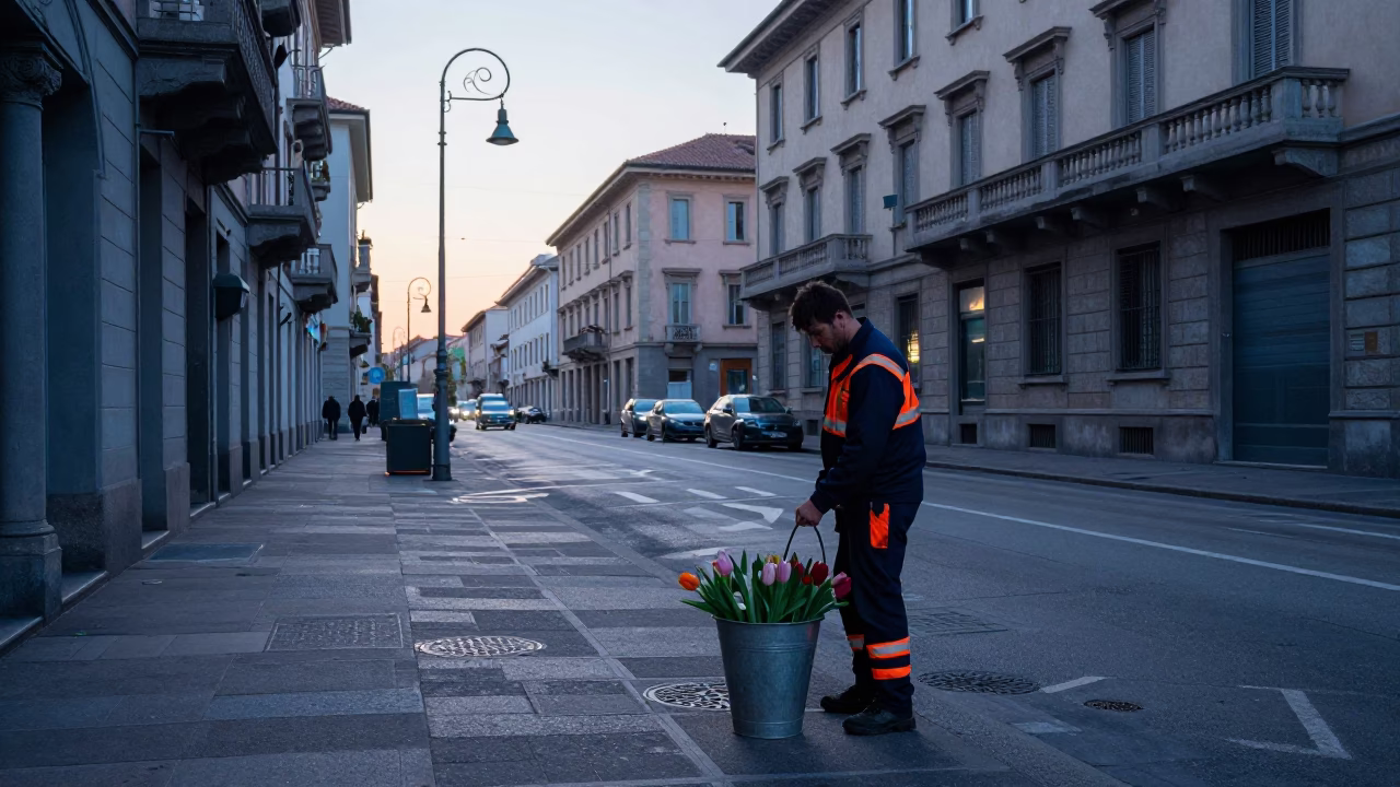Milan Sunrise Street Scene with Metal Bucket and Tulips in in Milan, Italy