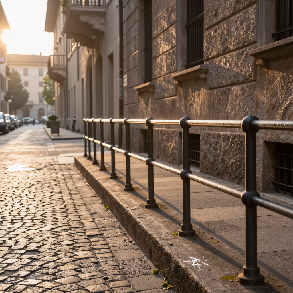 Milan Sunrise Street Scene with Scratched Rail and Brushed Steel Drain in in Milan, Italy