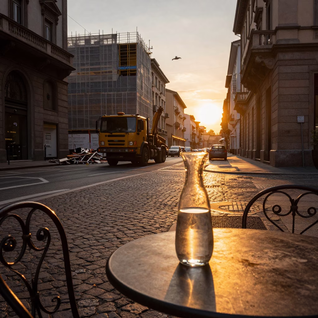 Milan Sunset Street Scene with Construction and Glass Carafe on Cafe Table in in Milan, Italy
